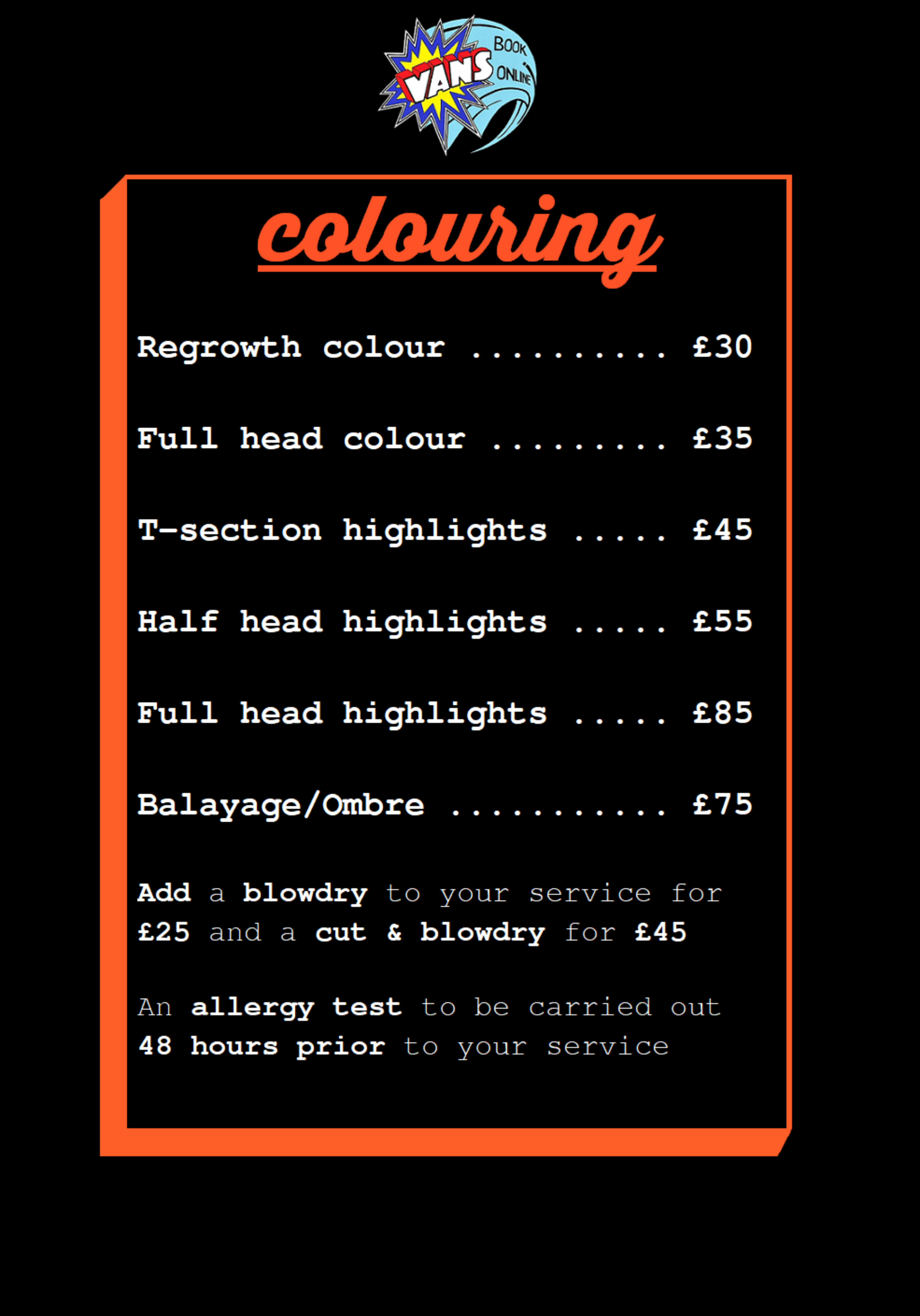 vans hairdressing canterbury hair colouring pricing